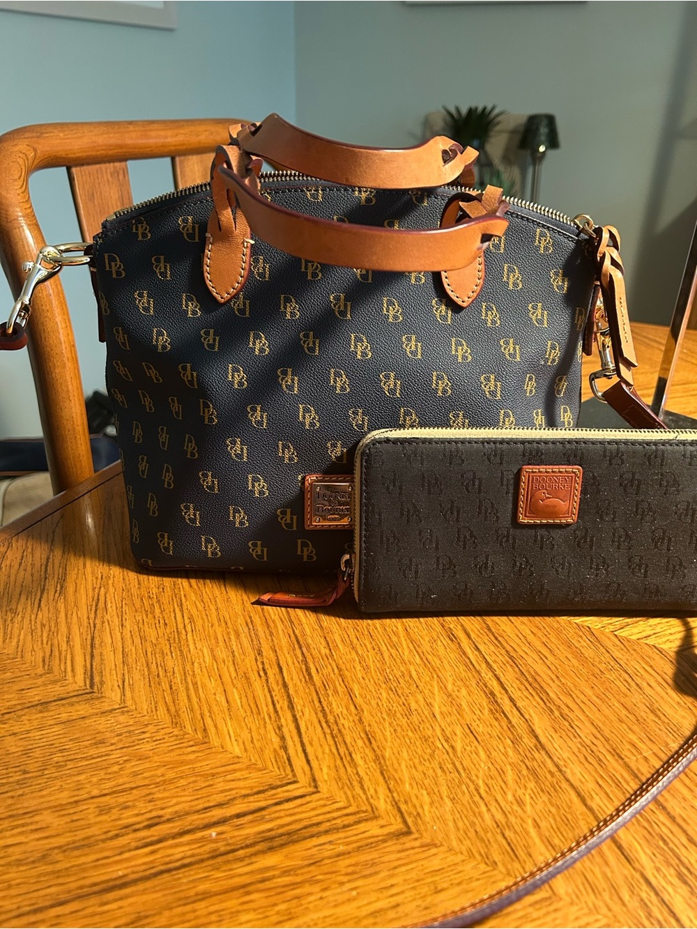 Dooney & Bourke Black Logo Satchel with Brown Leather Trim with wallet